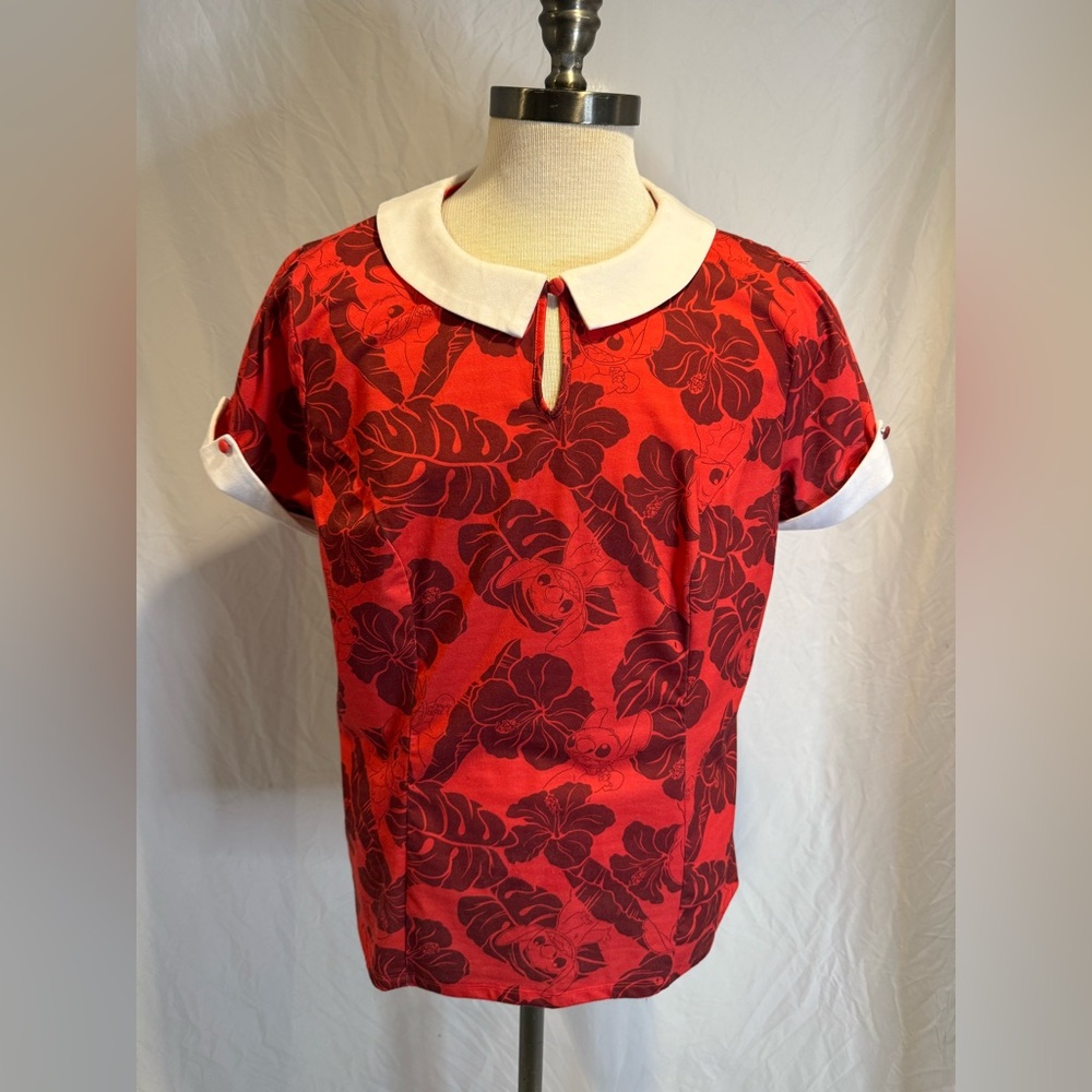 Torrid Red and Black Floral LILO and Stitch Shirt with White Collar